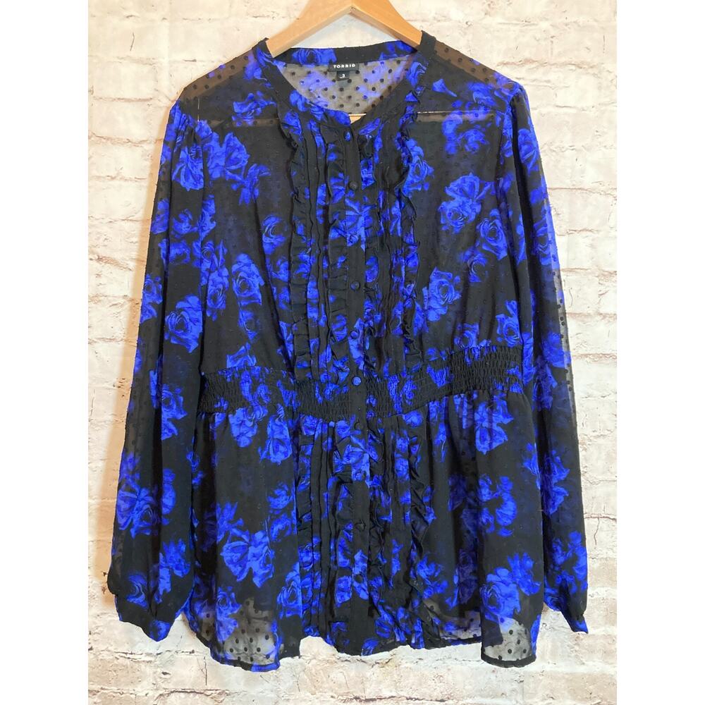 Torrid Babydoll Top Womens 3X Cobalt Blue Floral‎ Ruffle Button Front Semi Sheer